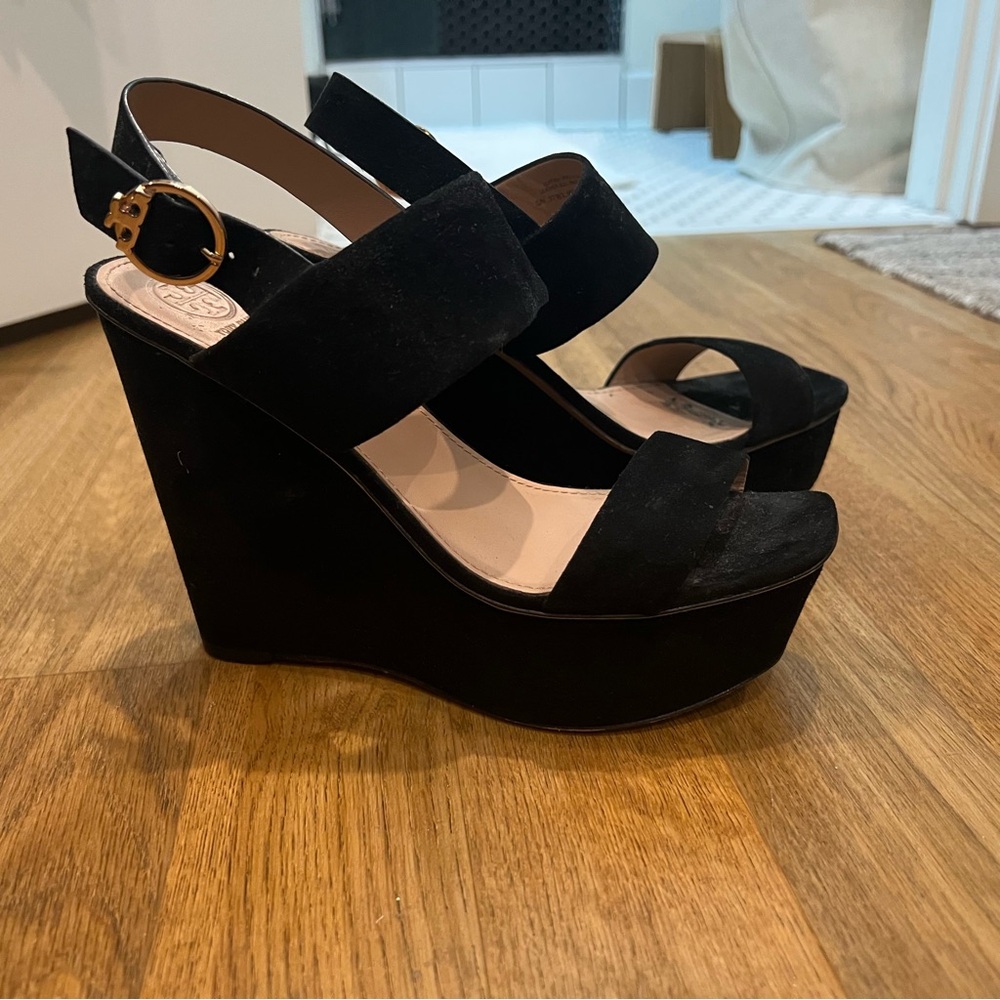 Tory Burch Loretta Black suede platform Wedge Sandals